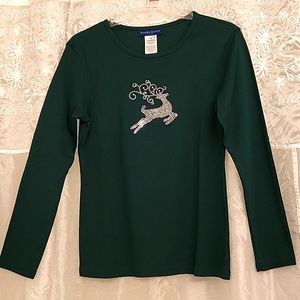 NWOT Forest Green Knit Top, Silver Sparkly Deer 🦌 Motif, M